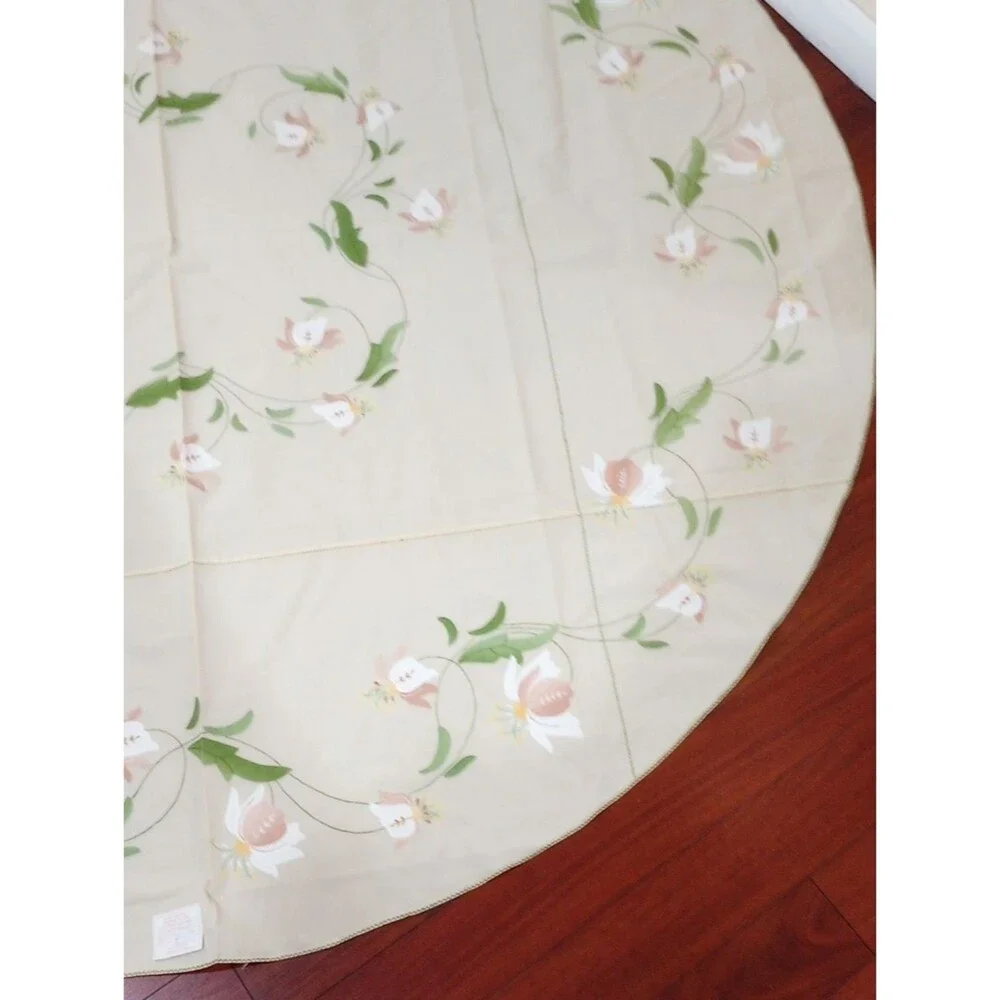 Floral Applique and Embroidered Beige Round Tablecloth, 68